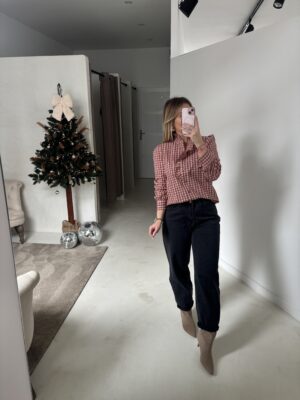 Blouse à carreaux bordeaux et orange