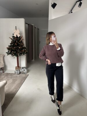 Pull marinière col bateau, bordeaux et beige