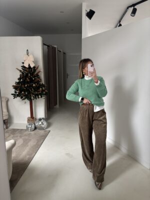 Pull col rond vert d’eau, laine et cachemire