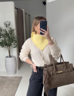 Sac cabas en cuir taupe, détails fermoir doré et franges