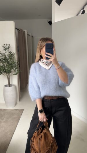 Pull manches courtes en mohair bleu ciel