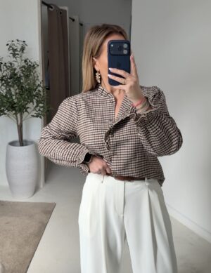 Blouse à carreaux marron beige et noir