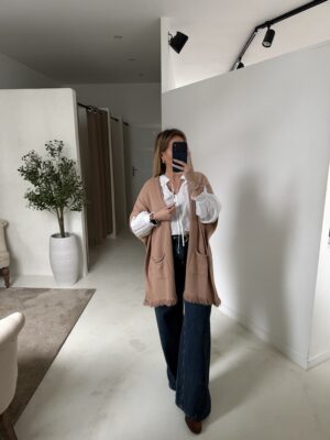 Long gilet sans manches camel, poches et franges