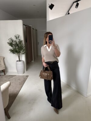 Pull polo manches courtes, beige et blanc