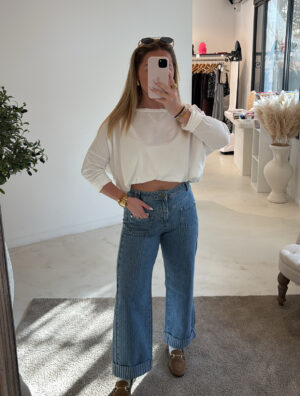 Pantalon 7/8ème large à revers, avec rayures