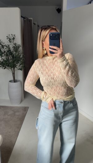 Top en dentelle manches longues jaune pastel