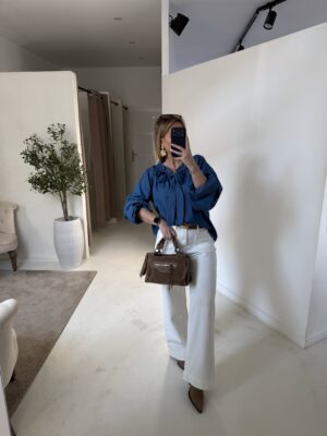 Blouse imitation jean, manches amples et noeud élégant