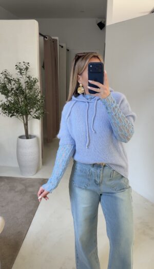 Pull à capuche manches courtes bleu