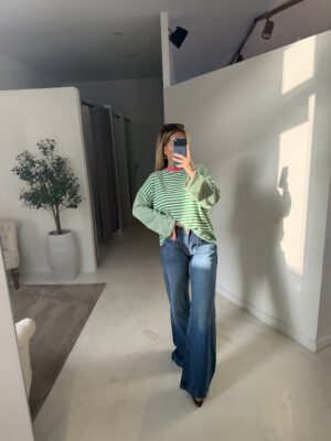 Marinière vert et blanc avec col rose