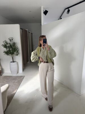 Blouse à carreaux vert olive et blanc